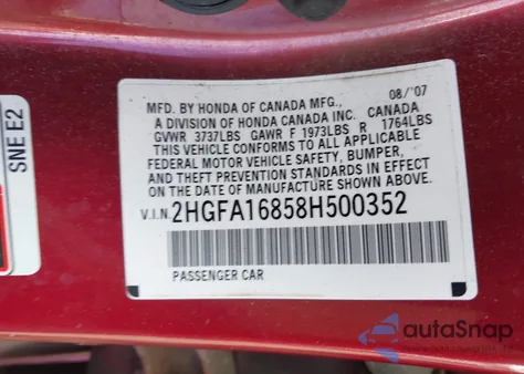 2008 Honda Civic Ex из США, поврежденный, VIN 2HGFA16858H500352